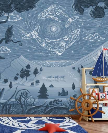 mural de animais personalizável chamado Spirit Night Blue para quartos e creches infantis mural de animais personalizável chamado Spirit Night Blue para quartos e creches infantis