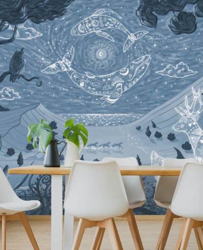 mural de animales personalizable llamado Spirit Night Blue para dormitorios y guarderías infantiles mural de animales personalizable llamado Spirit Night Blue para dormitorios y guarderías infantiles