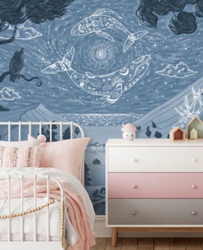 mural de animales personalizable llamado Spirit Night Blue para dormitorios y guarderías infantiles