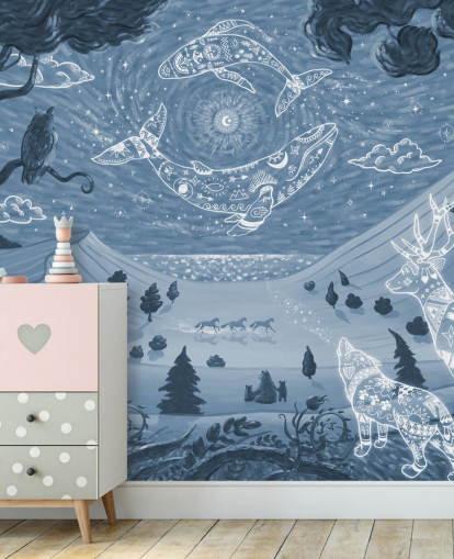 aanpasbare dierenmuurschildering genaamd Spirit Night Blue voor kinderkamers en kinderdagverblijven aanpasbare dierenmuurschildering genaamd Spirit Night Blue voor kinderkamers en kinderdagverblijven