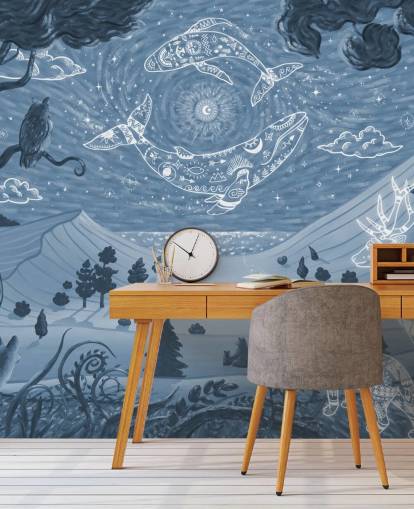 mural de animais personalizável chamado Spirit Night Blue para quartos e creches infantis