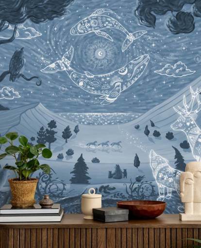 anpassningsbar djurväggmålning kallad Spirit Night Blue för barns sovrum och plantskolor