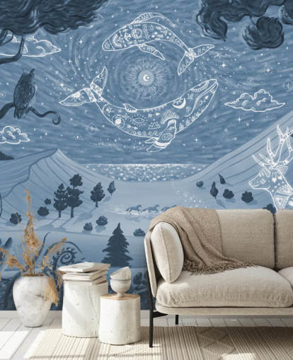 mural de animales personalizable llamado Spirit Night Blue para dormitorios y guarderías infantiles