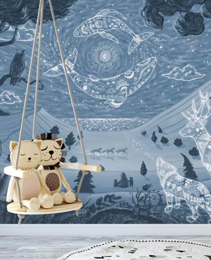 murale con animali personalizzabile chiamato Spirit Night Blue per camerette e asili nido