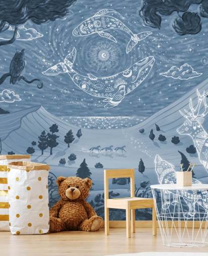mural de animales personalizable llamado Spirit Night Blue para dormitorios y guarderías infantiles