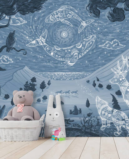murale con animali personalizzabile chiamato Spirit Night Blue per camerette e asili nido