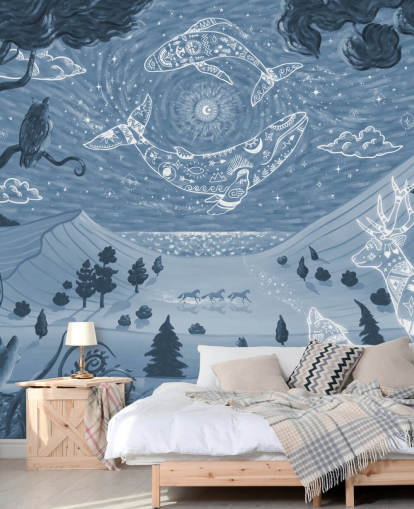 peinture murale animalière personnalisable appelée Spirit Night Blue pour les chambres d'enfants et les crèches