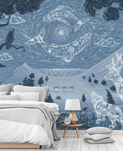 mural de animales personalizable llamado Spirit Night Blue para dormitorios y guarderías infantiles