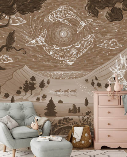 mural de animales para niños personalizable llamado Spirit Night Brown de la colección Oliver Robins