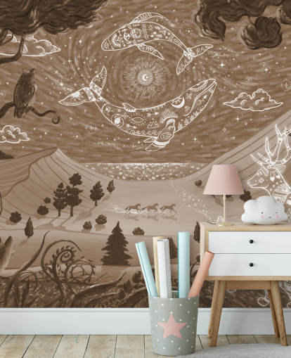 customisable kids animal mural called Spirit Night Brown from the Oliver Robins collection