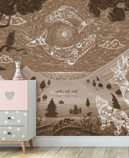 murale personalizzabile con animali per bambini chiamato Spirit Night Brown della collezione Oliver Robins