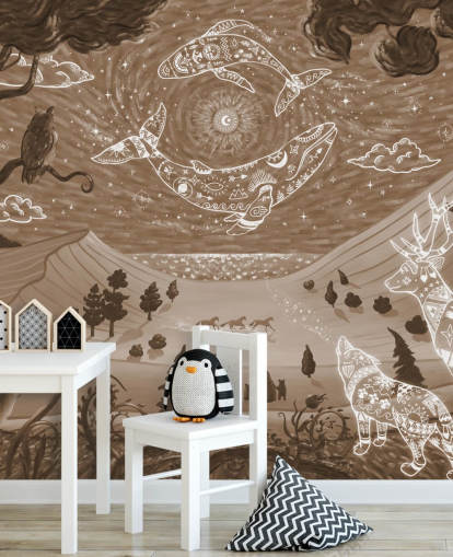 customizable kids animal mural called Spirit Night Brown from the Oliver Robins collection