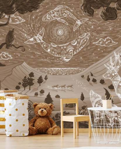 mural de animales para niños personalizable llamado Spirit Night Brown de la colección Oliver Robins