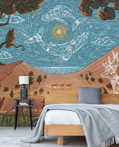 mural infantil de animales personalizable azul y marrón llamado Spirit Night de la colección Oliver Robins
