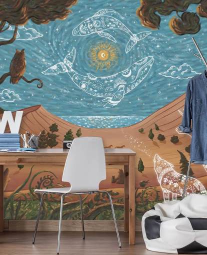 mural de animais infantis personalizável em azul e marrom chamado Spirit Night da coleção Oliver Robins