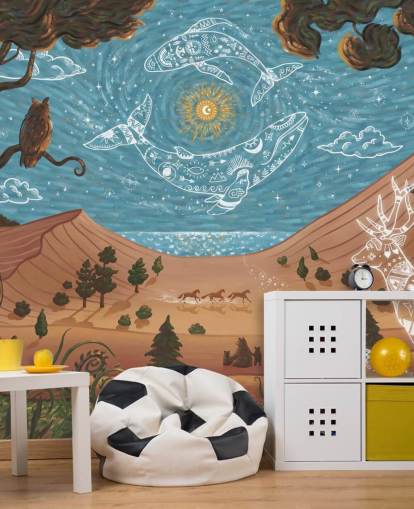 blue and brown customisable children's animal mural called Spirit Night from the Oliver Robins collection