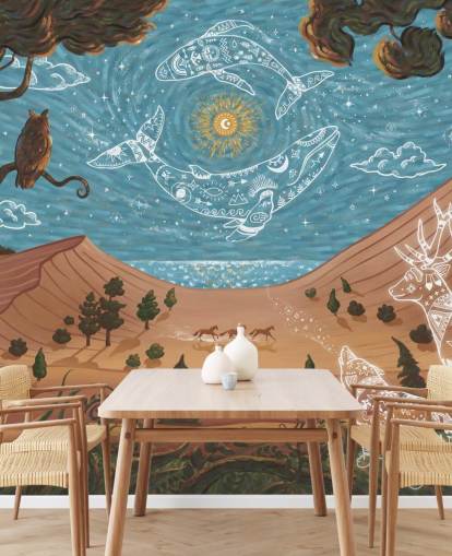 blue and brown customisable children's animal mural called Spirit Night from the Oliver Robins collection