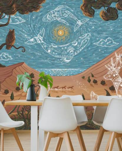 mural infantil de animales personalizable azul y marrón llamado Spirit Night de la colección Oliver Robins