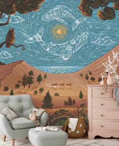 blauwe en bruine aanpasbare dierenmuurschildering voor kinderen genaamd Spirit Night uit de Oliver Robins-collectie blauwe en bruine aanpasbare dierenmuurschildering voor kinderen genaamd Spirit Night uit de Oliver Robins-collectie