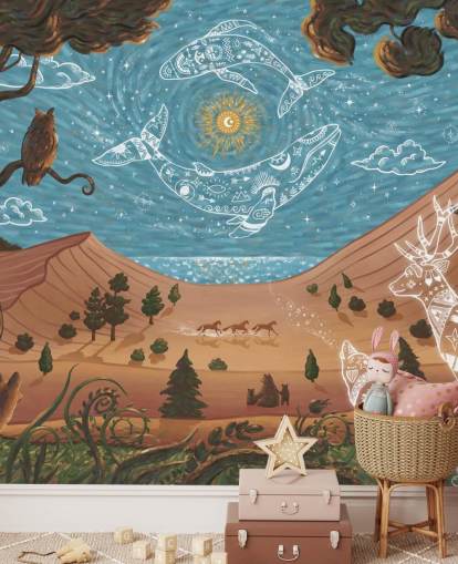 blue and brown customisable children's animal mural called Spirit Night from the Oliver Robins collection