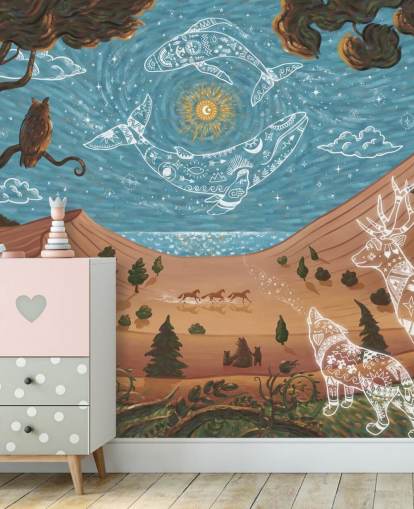 murale con animali per bambini personalizzabile blu e marrone chiamato Spirit Night della collezione Oliver Robins