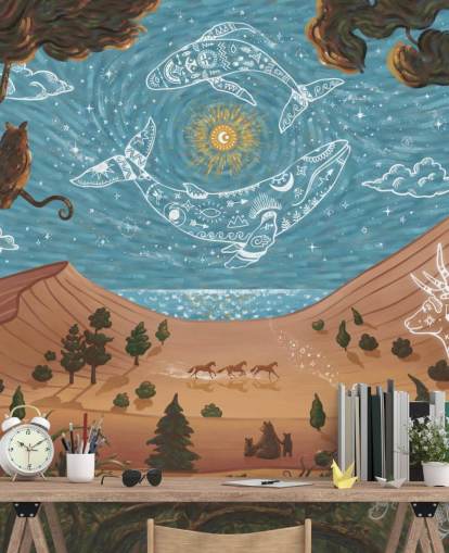 peinture murale animalière personnalisable bleue et marron pour enfants intitulée Spirit Night de la collection Oliver Robins