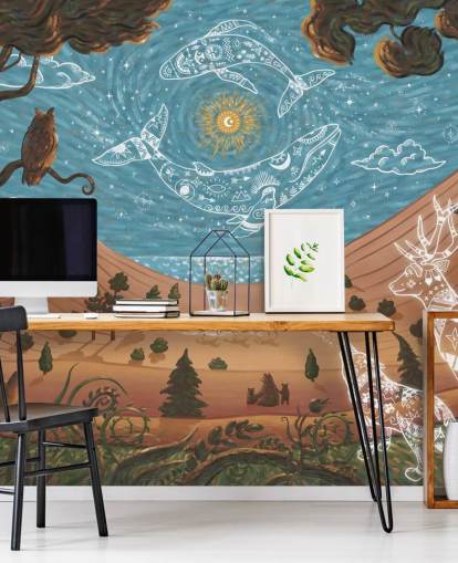 blue and brown customizable children's animal mural called Spirit Night from the Oliver Robins collection