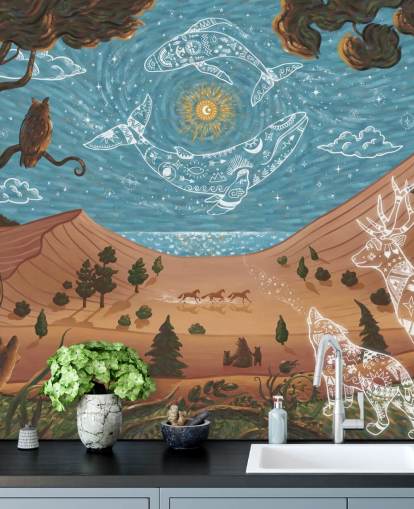 blue and brown customizable children's animal mural called Spirit Night from the Oliver Robins collection