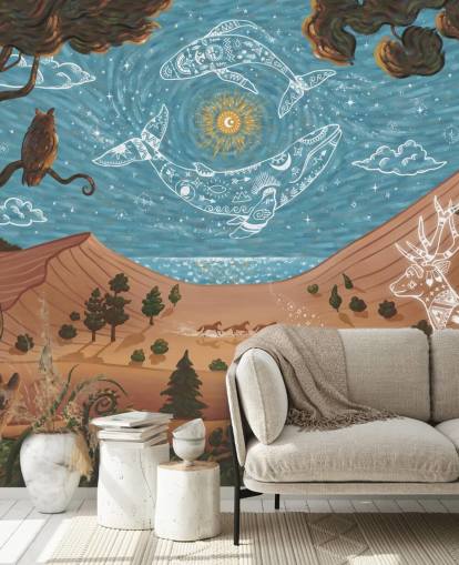 murale con animali per bambini personalizzabile blu e marrone chiamato Spirit Night della collezione Oliver Robins