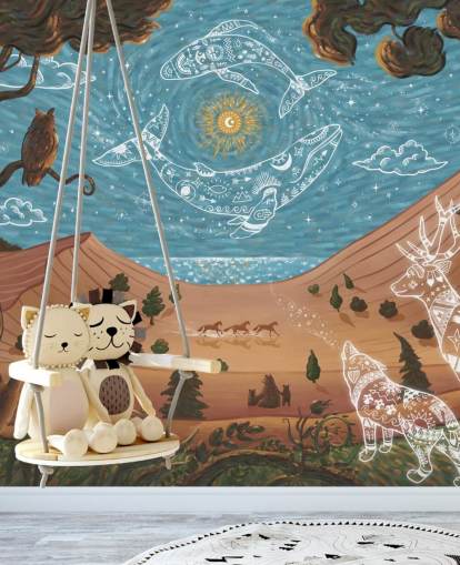 mural infantil de animales personalizable azul y marrón llamado Spirit Night de la colección Oliver Robins mural infantil de animales personalizable azul y marrón llamado Spirit Night de la colección Oliver Robins