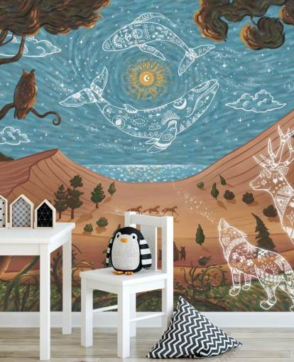 mural infantil de animales personalizable azul y marrón llamado Spirit Night de la colección Oliver Robins