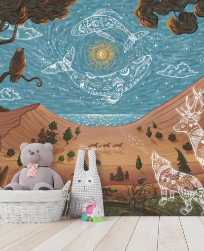 murale con animali per bambini personalizzabile blu e marrone chiamato Spirit Night della collezione Oliver Robins murale con animali per bambini personalizzabile blu e marrone chiamato Spirit Night della collezione Oliver Robins