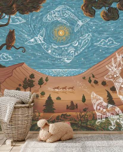blauwe en bruine aanpasbare dierenmuurschildering voor kinderen genaamd Spirit Night uit de Oliver Robins-collectie blauwe en bruine aanpasbare dierenmuurschildering voor kinderen genaamd Spirit Night uit de Oliver Robins-collectie