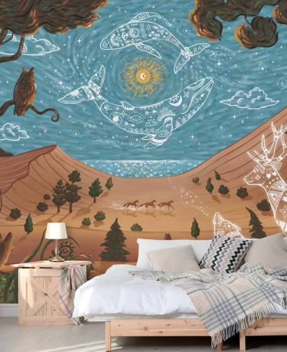 murale con animali per bambini personalizzabile blu e marrone chiamato Spirit Night della collezione Oliver Robins