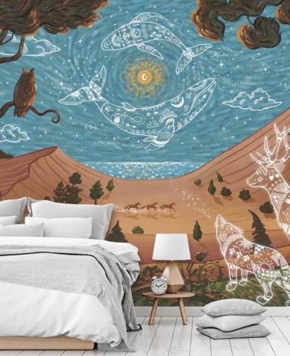 blue and brown customizable children's animal mural called Spirit Night from the Oliver Robins collection