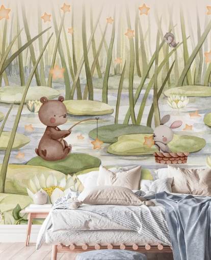 groene kindermuurschildering genaamd Starry Pond uit de collectie van Oliver Robins groene kindermuurschildering genaamd Starry Pond uit de collectie van Oliver Robins