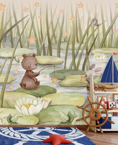 mural infantil verde chamado Starry Pond da coleção Oliver Robins