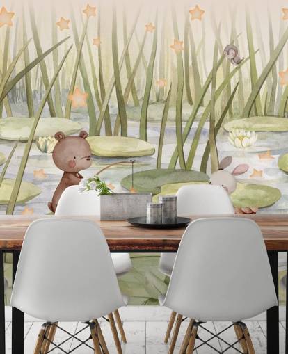 mural infantil verde chamado Starry Pond da coleção Oliver Robins