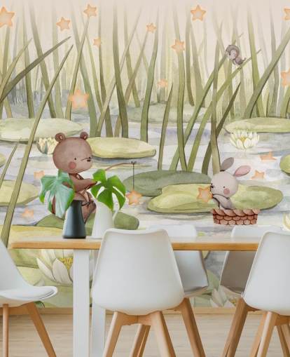 murale verde per bambini chiamato Starry Pond della collezione Oliver Robins murale verde per bambini chiamato Starry Pond della collezione Oliver Robins