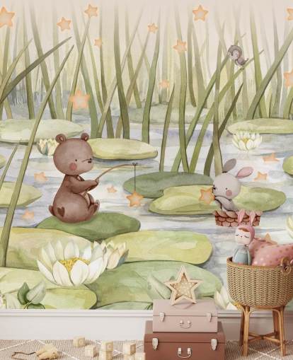 murale verde per bambini chiamato Starry Pond della collezione Oliver Robins murale verde per bambini chiamato Starry Pond della collezione Oliver Robins
