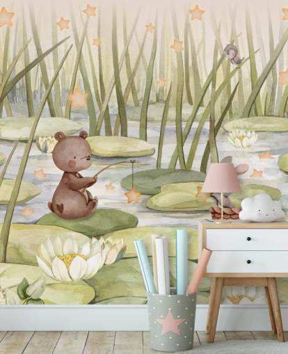 mural infantil verde llamado Starry Pond de la colección Oliver Robins