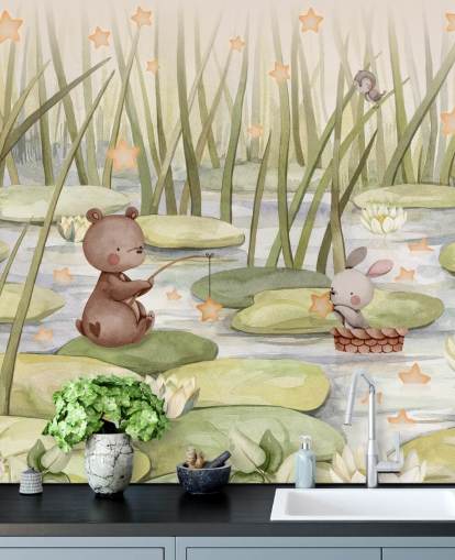 mural infantil verde llamado Starry Pond de la colección Oliver Robins