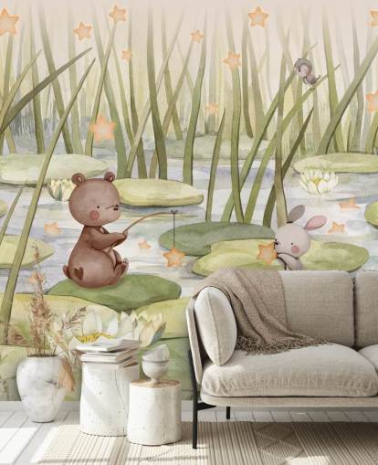 mural infantil verde llamado Starry Pond de la colección Oliver Robins