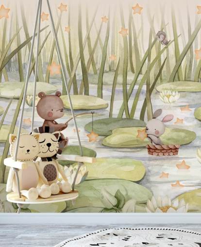 mural infantil verde llamado Starry Pond de la colección Oliver Robins