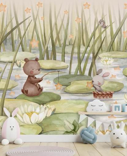 peinture murale verte pour enfants appelée Starry Pond de la collection Oliver Robins