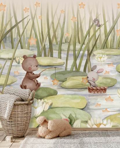 mural infantil verde llamado Starry Pond de la colección Oliver Robins