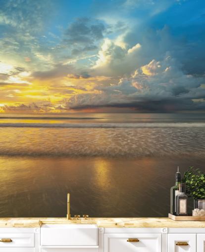 blue and yellow customisable beach sunset wall mural called Malaysia Sunset by Assaf Frank for home offices