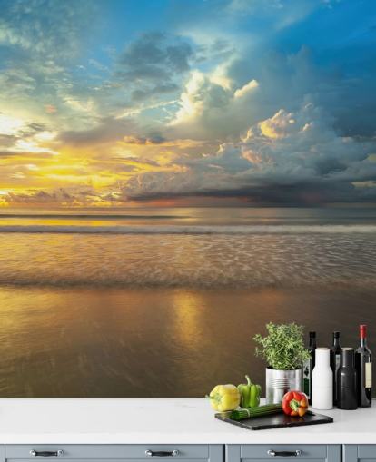 mural de parede de praia personalizável em azul e amarelo chamado Malaysia Sunset de Assaf Frank para escritórios domésticos mural de parede de praia personalizável em azul e amarelo chamado Malaysia Sunset de Assaf Frank para escritórios domésticos