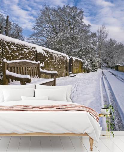peinture murale de scène enneigée personnalisable intitulée Bench in Snow par Assaf Frank peinture murale de scène enneigée personnalisable intitulée Bench in Snow par Assaf Frank