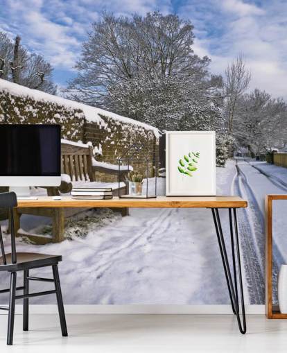 customizable snowy scene mural called Bench in Snow by Assaf Frank